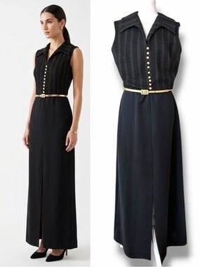 VTG 60s Bleeker Street Black Maxi Dress Gold Metallic Mod Gown Modern Medium